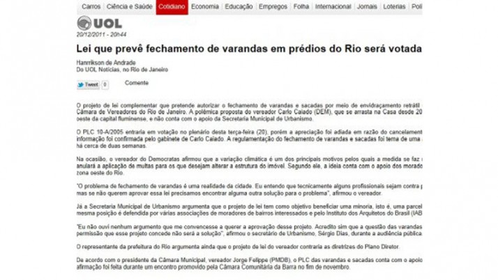 Portal Uol noticia votação do PL das Varandas