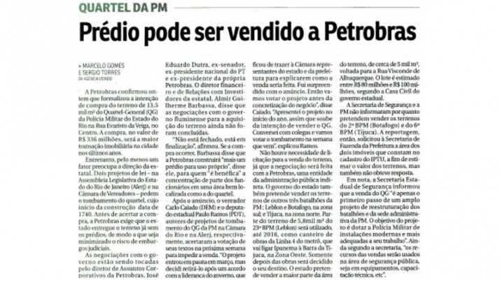 QG da PM pode ser vendido para Petrobras