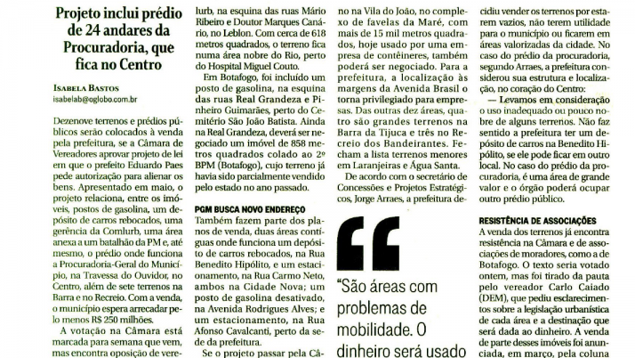 O Globo: Projeto de venda de Imóveis Públicos pela Prefeitura é questionado pelo Vereador Carlo Caiado