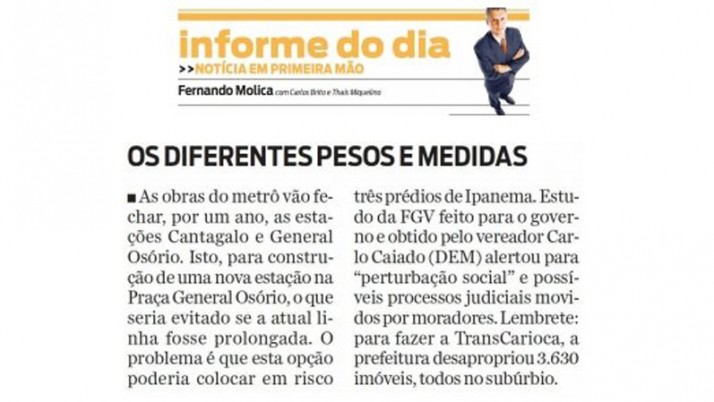 Diferentes pesos e medidas (Nota da Coluna do Fernando Molica- Jornal O Dia)
