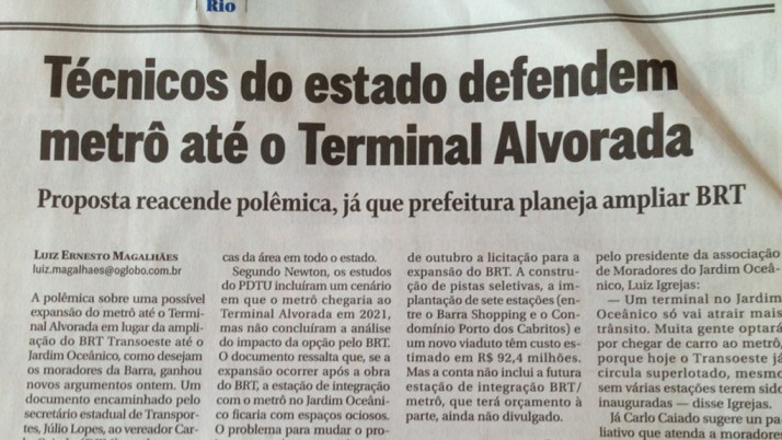 Em entrevista ao jornal o Globo, Caiado defende extensão do metrô até o Terminal Alvorada