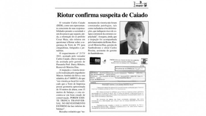RI de Caiado sobre precárias condições da torre de imprensa do Sambódromo é destaque em jornal