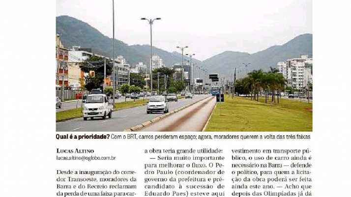 O Globo Barra: Em Ofício enviado à Prefeitura, Caiado solicita terceira faixa de veículo na Av. das Américas