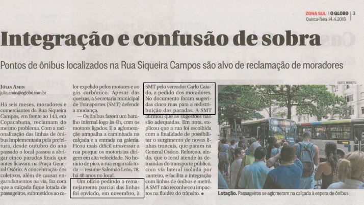 O Globo Zona Sul: Atendendo a pedidos de moradores, Caiado encaminha Ofício à Prefeitura solicitando retirada de terminal de ônibus da Rua Siqueira Campos em Copacabana